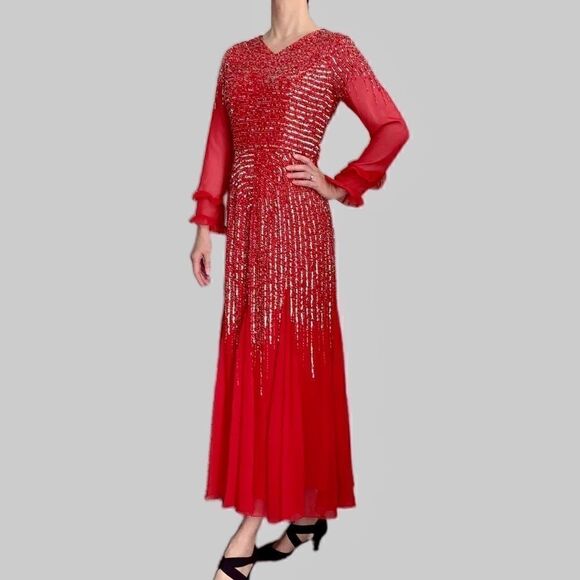 Vintage Red long-sleeve  beaded and sequined chiffon evening dress - Picture 5 of 14